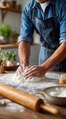 Fototapeta premium Close-up of hands shaping pizza dough with flour flying in a warm and inviting kitchen atmosphere, showcasing the art of Italian cooking