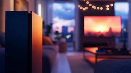 A high-end gaming console on the left, blurred entertainment room in the background