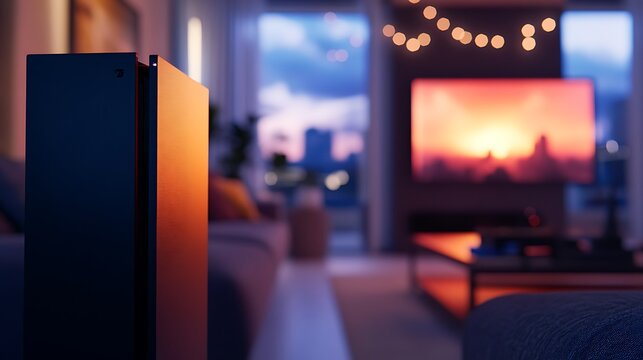A high-end gaming console on the left, blurred entertainment room in the background