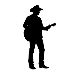 Silhouette of a man playing guitar while wearing a cowboy hat  