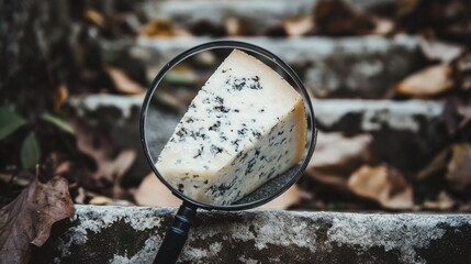 A small wedge of cheese sits on the stairs. A magnifying glass zooms in to show bacteria colonizing the edges.