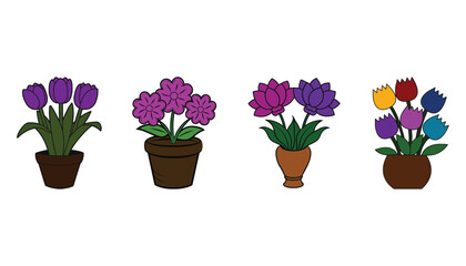 Collection of potted flowers including tulips lotuses and daisies in various colors