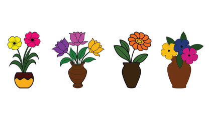 Collection of four colorful potted flowers with green leaves on a white background