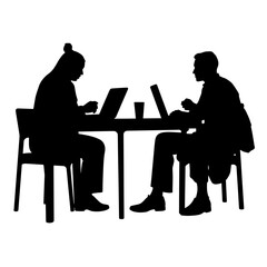 Silhouettes of two professionals working on laptops at table  