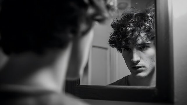 A monochrome portrait of a young man with curly hair looking at his reflection mirror