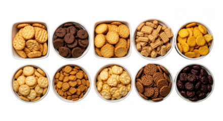 A Variety of Assorted Colorful Cookies in Decorative Bowls Perfect for Celebrations, Parties, and Sweet Treats, isolated on a transparent background