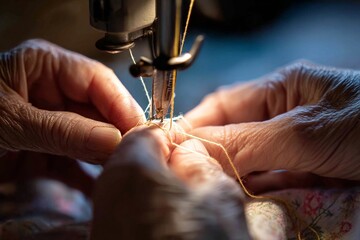 Hands manually sewing with vintage sewing machine, focused on needle, thread, fabric, and wrinkled skin texture