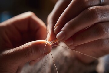 Close-up of Caucasian hands stitching with delicate thread, showcasing intricate needlework and textile craftsmanship