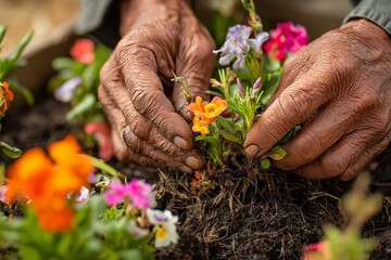 African woman gardener's hands plant seedlings with colorful blossoms in garden soil, close-up, detailed skin texture