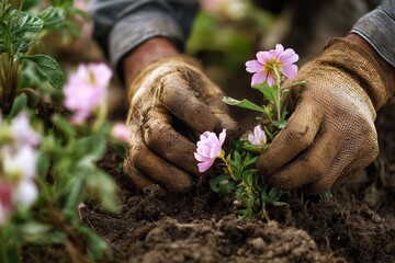 Person planting delicate pink flowers in a garden bed, soil clinging to worn gloves in outdoor setting.