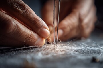 Close-up Asian hands sewing with a needle, working carefully on material, detailed texture and skilled craftsmanship