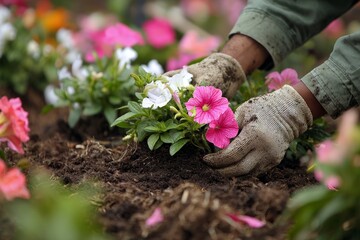 Hands in gloves planting pink petunias into rich soil in garden flowerbed for springtime gardening and landscaping project
