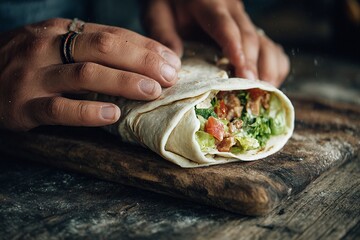 Hands preparing delicious wrap sandwich filled with fresh lettuce, tomato, meat on rustic wooden board for healthy eating