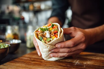 Man Hands Holding Loaded Tortilla Wrap on Wooden Cutting Board for Healthy Eating Concept. Tasty Food Presentation