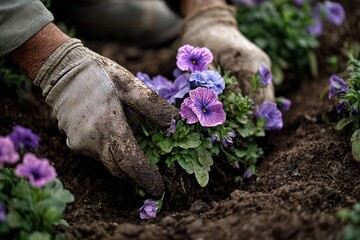 Hands in gloves carefully plant violet pansies into dark fertile soil, creating vibrant blooms in a garden