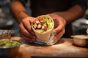 Hands presenting delicious chicken burrito, stuffed with vibrant greens and fresh tomato on a rustic wooden surface.