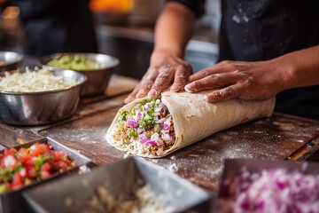 Hispanic cook prepares a delicious burrito, folding ingredients with care on a rustic wooden surface in a restaurant setting.