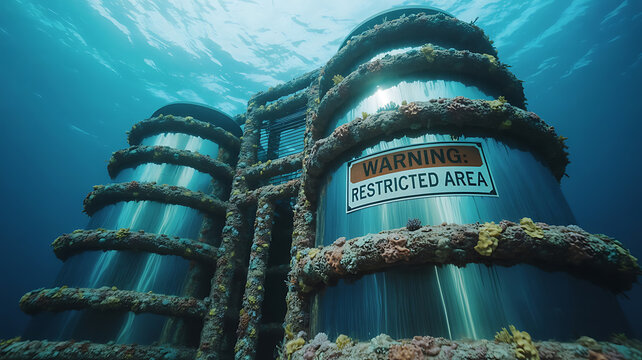 Underwater metal cylinders, encrusted with coral, marked "Restricted Area".
