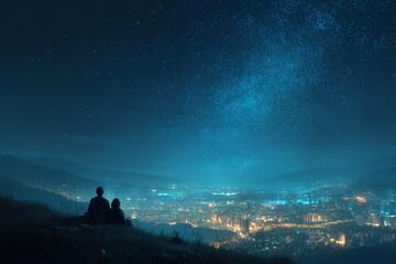 Couple Sit on Hill Gazing at Distant City Lights Under a Vibrant Starry Night Sky, Creating a Sense of Wonder