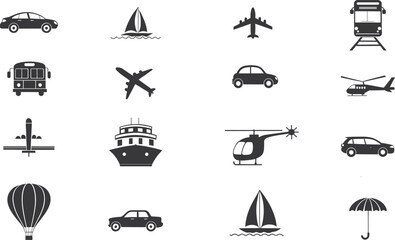 Collection of diverse transportation and travel icons on a white background