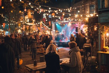 Fototapeta premium Outdoor Concert Venue at Night with Lights, Stage Performance, Audience, Picnic Table and People Watching