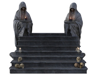 3D rendered illustration of gothic stairs guarded by hooded statues with candles and skulls, isolated on transparent background