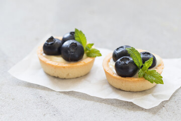 Two Mini round tartlets with blueberries and mint.  Light grey background. Close up
