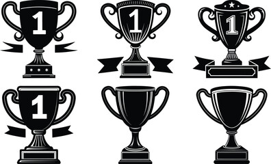 Vector art of six black silhouette trophies isolated on transparent background, perfect for celebrating a victory or achievement