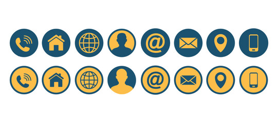 Contact information icons displayed in rows showcase mobile, home, globe, user, email, location, and related communications.