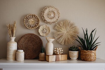 Home decor arrangement with woven wall hangings, neutral vases, and potted plants displayed on a white mantel shelf