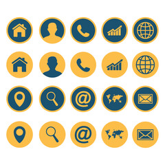 Contact information icons arranged in a grid display user, home, email, phone, map, and web elements.