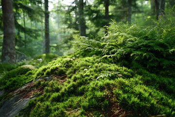Fototapeta premium Lush green moss and ferns on forest floor nature