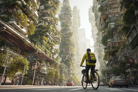 Cyclist travels down urban canyon lined with plant-covered buildings, offering glimpse into green sustainable future cityscape.