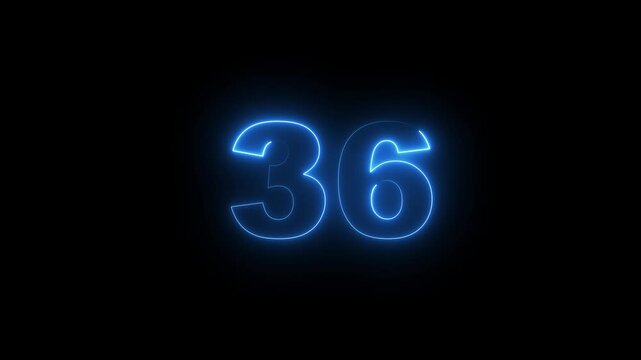 36 number neon text animation on black background. Glowing neon number 36. 