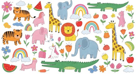 Fototapeta premium Whimsical collection of cute cartoon animals and nature elements isolated on white background