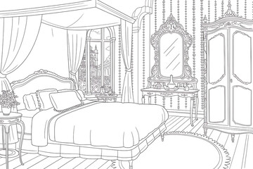 Fototapeta premium Ornate bedroom with a view, luxurious and detailed. 