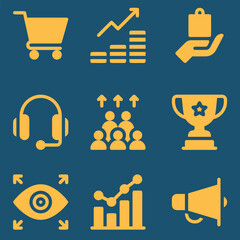 Collection of business and marketing icons representing growth success and customer service