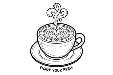 A cup of latte art, steaming hot, with text "Enjoy your brew".

