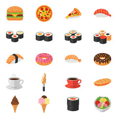 Set of 20 Colorful Food Icons in Modern Flat Design on White Background