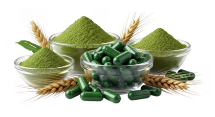 Natural Health Supplements Showcase: Green Powders, Organic Capsules, and Their Role in Wellness & Nutrition Support, isolated on a transparent background