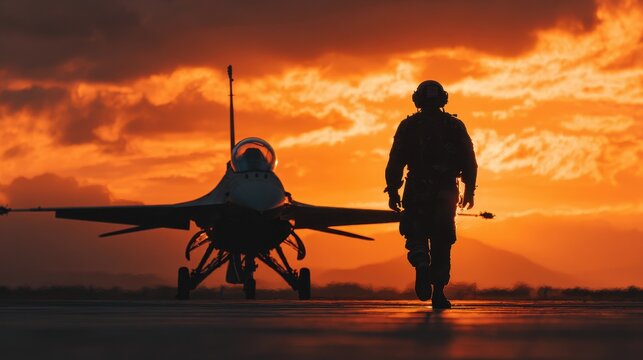 Airforce Pilot. Military Jet Fighter at Sunset on Airbase