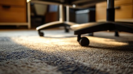 Crouton on office rug beneath chair leg, micro lens exposes dust-mite-associated bacteria.