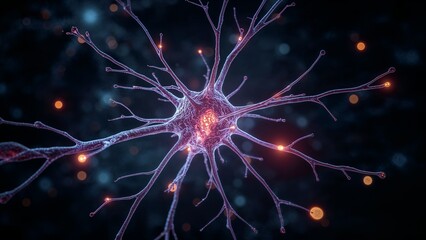 Close up of a neuron with glowing synapses against a dark background with bokeh effects