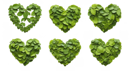 Heart-shaped Green Leaf Arrangements for Eco-friendly Themes and Decorations, isolated on a transparent background