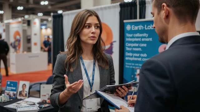 Engaged Businesswoman Discussing Information with a Professional Man at a Corporate Trade Show Booth