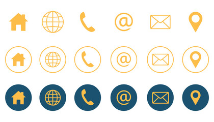 Collection of orange contact icons including house globe phone email at symbol and location pin