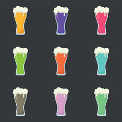 Set of 9 alcoholic beer foamy colorful cocktails - Vector illustration