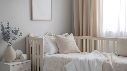 Serene nursery interior with crib vase eucalyptus plant artwork and gentle light creating a calming atmosphere