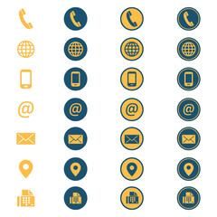 Contact information icons show various communication methods in blue and gold circles