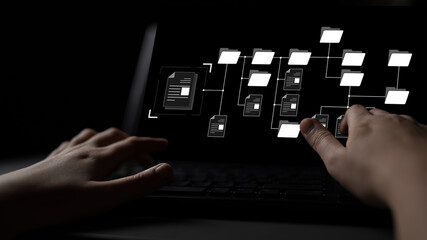 Digital file structure showing folder organization, file hierarchy, and document arrangement. File...